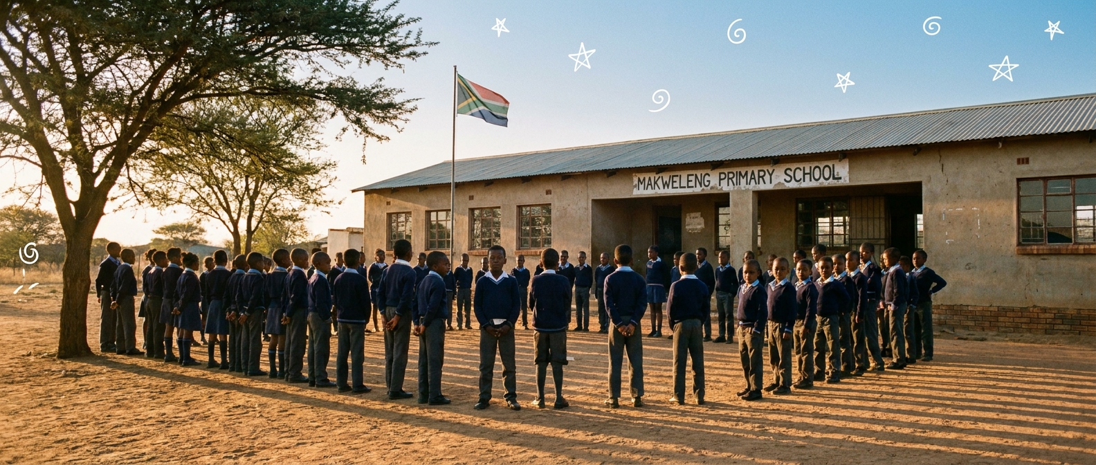 Makweleng Primary morning assembly under an Acacia tree