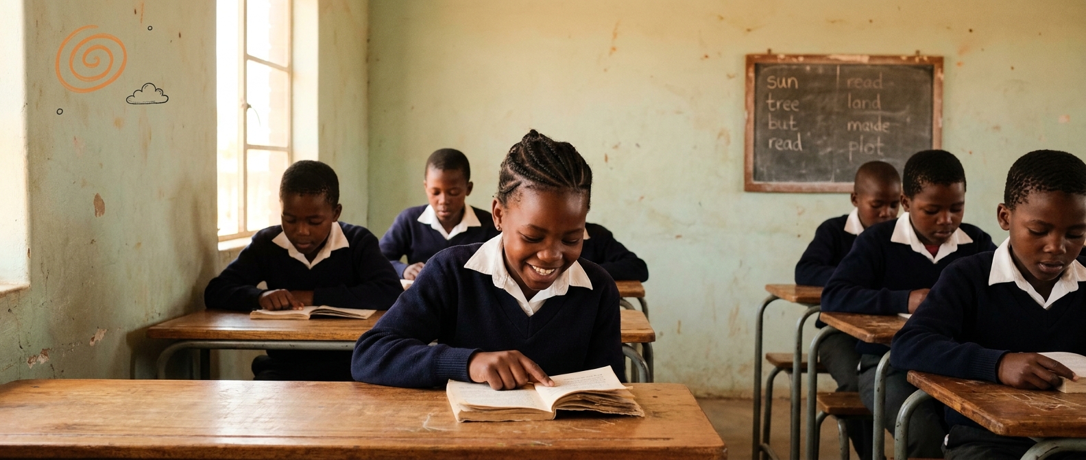 Children reading paperback storybooks in a classroom