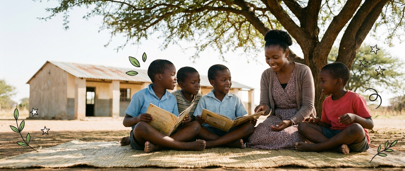 A small group portrait in front of the school building