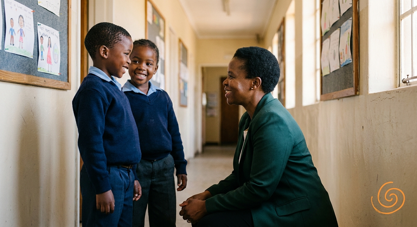 Principal walking with three Grade 4 learners on the school grounds