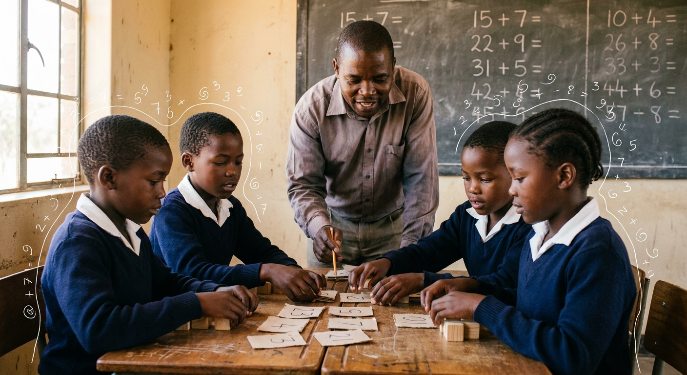 Children working at the chalkboard on multiplication